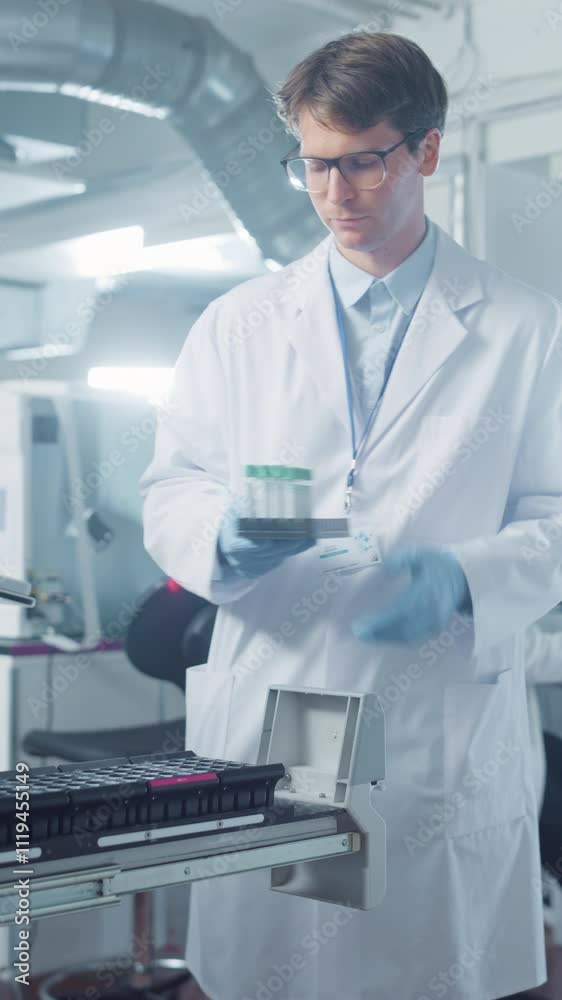 Aufkleber Vertical Screen: Scientist Operates Advanced Testing Equipment in Modern Laboratory. Handling Samples and Analyzing Data on a Computer. Researcher Working with Colleagues in a High-tech Environment