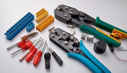 A set of wire crimps and connectors, organized on a white surface. These components are used for creating secure connections in electrical wiring projects.