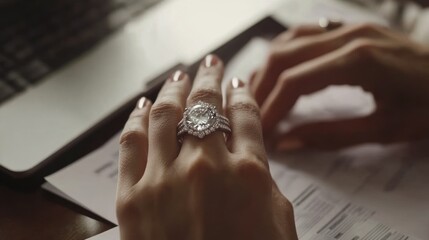 Woman displays a large diamond ring on her hand