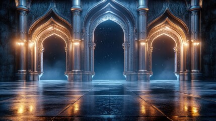 Obraz premium Radiantly lit arches with intricate architectural designs stand in a serene nighttime setting, glowing softly in the dark