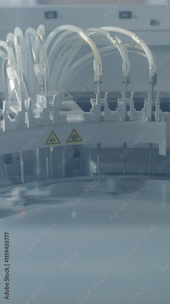 Poster Vertical Screen: Close Up of an Advanced Automated Laboratory Analyzer at Work. Detailed Tubing, Warning Symbols and Rotating Carousel Showcase the Modern Medical Diagnostics Equipment in Process