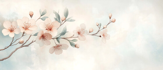 blossoming tree branch isolated on white background, spring illustration, generative ai