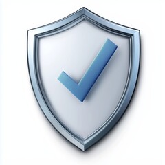 Silver shield with a blue checkmark icon, isolated on white background