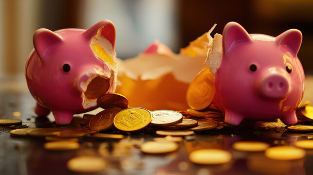 Broken piggy bank with coins scattered around, symbolizing financial struggle and the need for careful budgeting and saving.