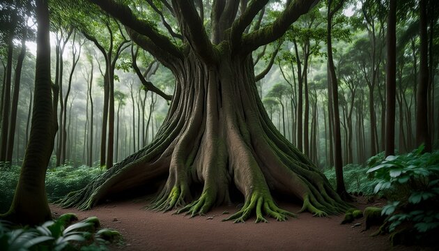 A slow-growing ebony tree in a dense forest, its dark wood prized for its durability and aesthetic appeal.