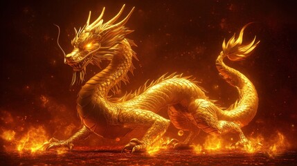 Obraz premium Realistic golden dragon with glowing accents on a vibrant red and gold background of wealth.