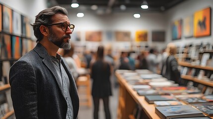 Obraz premium A man in a suit stands in front of a bookcase filled with books