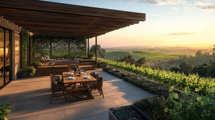 Obraz premium Elegant rooftop terrace featuring a wooden pergola, cozy dining area, and breathtaking views of lush vineyards stretching across a serene valley