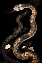Obraz premium 金箔装飾の黒背景に描かれた蛇のデザイン
