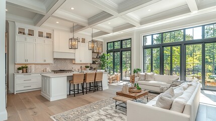 Luxurious interior design of white kitchen, dining room with windows and living room in one space