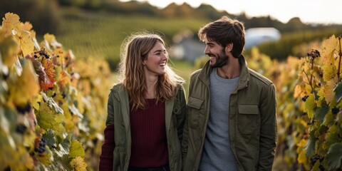 A couple enjoys a romantic stroll through a lush vineyard. Surrounded by golden vines, they share delightful smiles. This image represents love and nature. Perfect for lifestyle and travel themes. AI