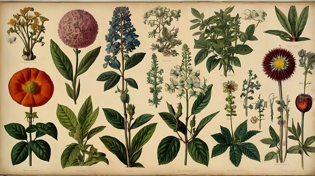 Botanical Illustration Featuring Various Flowers and Plants