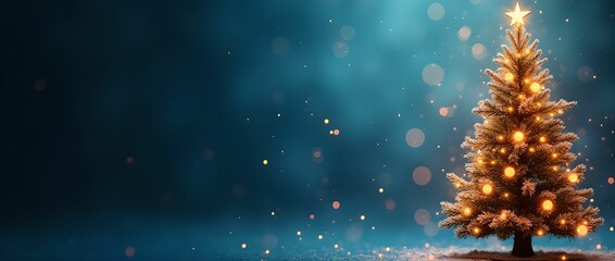 Christmas tree with sparkling lights and golden bokeh on a blue background, creating a festive and magical atmosphere for holiday celebrations and winter festivities