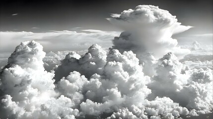Dramatic black and white aerial view of fluffy cumulus clouds.