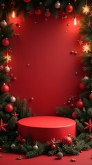 Red podium, pedistal, in New Year's style, surrounded by festive decorations, including Christmas tree balls and snowflakes, creating a cozy festive atmosphere.