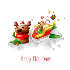 Merry Christmas 3D plastic style vector poster, cartoon deer with sledge full of gifts on clouds, candy cane, gift box