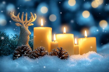 Golden Reindeer with Burning Candles in Snowy Winter Scene