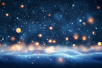 Blue Sparkling Winter Night Background with Snow and Lights