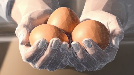A close-up of two gentle hands cradling three fresh brown eggs, emphasizing the smooth texture and natural color of the eggs. The hands are softly lit, showcasing clean, well-maintained nails, and the