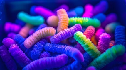 Vibrant, colorful, textured gummy worms under UV light. Macro shot of sweets with a neon glow.