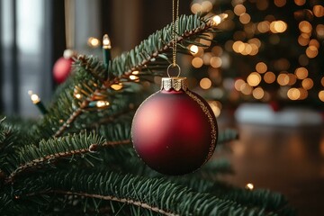 Red Christmas Ornament on Fir Branch with Bokeh Lights