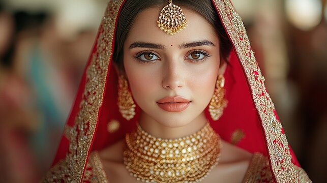 indian bride wearing gold jewellery, wheatish complexion,  indian wedding attire in red coloured lehenga, front view