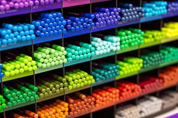 A diverse set of colored pencils is beautifully lined up on a rack