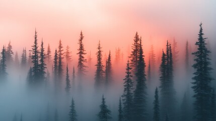Obraz premium Misty forest sunrise with tall evergreen trees.
