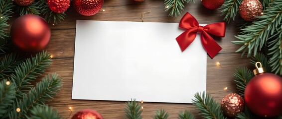 A white Christmas card with a red bow lies on a wooden table surrounded by Christmas decorations.