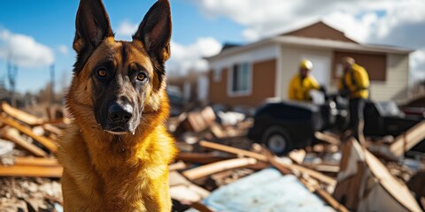 A loyal dog surveys the aftermath of chaos and destruction. Rescuers work in the background, showing the bond between animals and humans in tough times. A heartfelt moment captured. AI