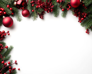 Festive holiday decorations with red ornaments and greenery.