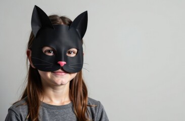 On the left is a portrait of a teenage girl wearing a black paper cat mask covering her face. On the right is an empty space for text. Light gray monochromatic background