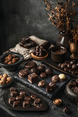 Fototapeta premium Luxurious Mocha Mousse Delights: Tasteful Brown Treats on a Dark Rustic Table