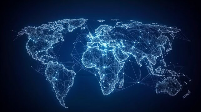 Futuristic low-poly wireframe map design with glowing nodes, representing global fintech connectivity on a dark blue background.