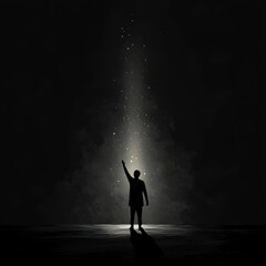A lone figure reaches for celestial light above
