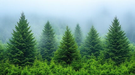 Fototapeta premium Misty forest with tall evergreen trees.