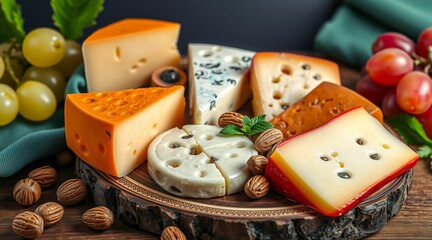 Close-up of assorted cheese slices with grapes and nuts on a wooden board..