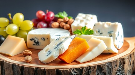 Close-up of assorted cheese slices with grapes and nuts on a wooden board..