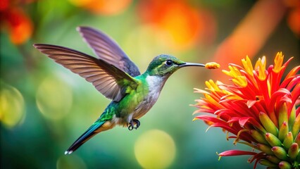 Fototapeta premium Tropical Hummingbird Flower Logo, Tilt-Shift Miniature Bird Illustration, Vibrant Nature Design