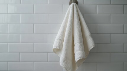 Off-white linen towel hanging on a hook against a white tiled wall.