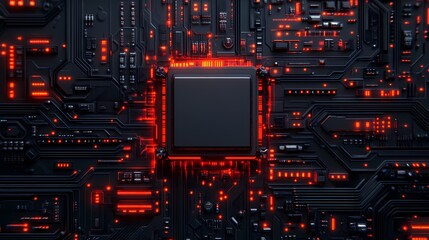 A dark circuit board with glowing red accents around a central processor, showcasing a futuristic technology theme.