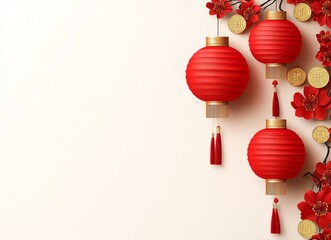 lunar chinese new year theme. Red lanterns and blossoms adorn a minimalistic background, symbolizing celebration and prosperity, perfect for festive occasions.
