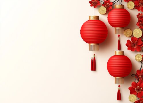 lunar chinese new year theme. Red lanterns and blossoms adorn a minimalistic background, symbolizing celebration and prosperity, perfect for festive occasions.