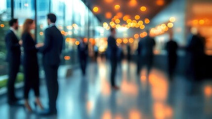 A softly blurred networking event featuring business professionals in formal attire, mingling and conversing in a modern venue with warm lighting, creating a vibrant yet professional atmosphere