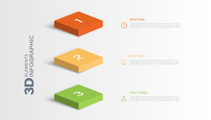 3 steps, option or levels infographic design with 3d or isometric squares and business icons.