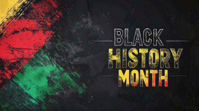 Abstract illustration with bold splashes of red, yellow, and green on a black background, celebrating Black History Month.