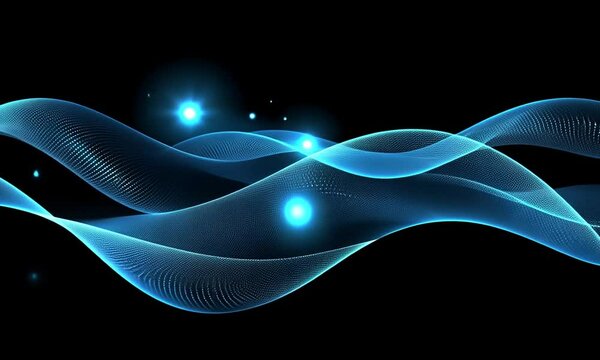 Abstract blue glowing wave particles on black background. Abstract background