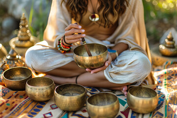 Fototapeta premium A beautiful woman performing a cleansing session with Tibetan bowls, radiating relaxation and happiness.