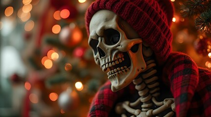 Horror themed Christmas decor with funny skull skeleton and festive New Year decorations