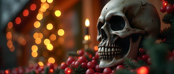 Horror themed Christmas decor with funny skull skeleton and festive New Year decorations